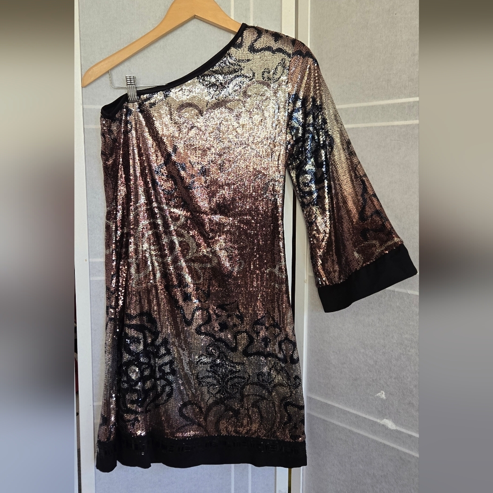 Hale Bob Black Rose Gold One Shoulder  Sequin Dress